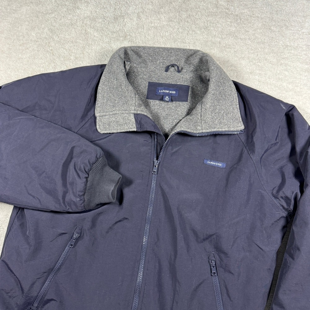 Lands End Jacket Mens M Blue Windcheck Fleece Lined Full Zip Bomber Coat Raglan
